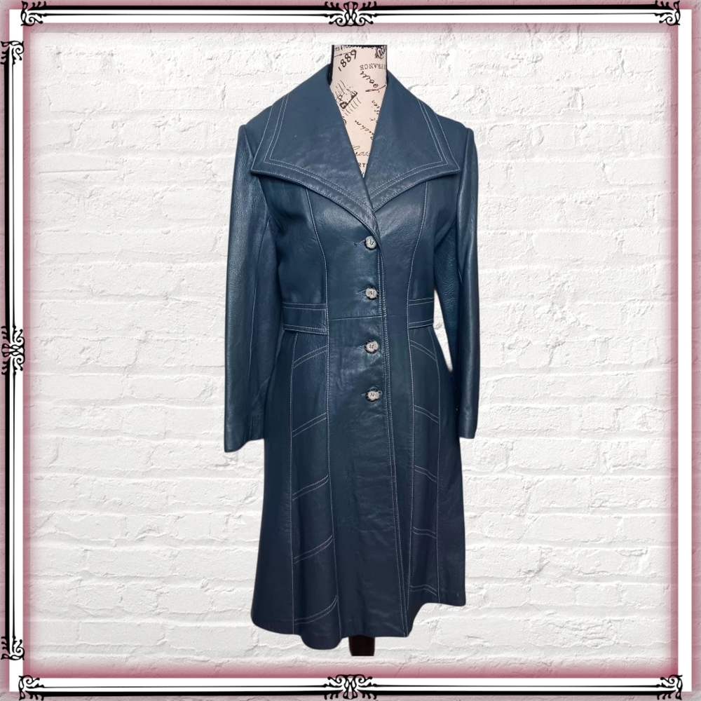 Vntg New England Sportswear Blue Leather Trench Coat Med